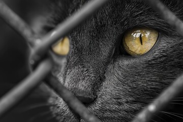 Close-up of a Black Cat's Eye Behind a Fence