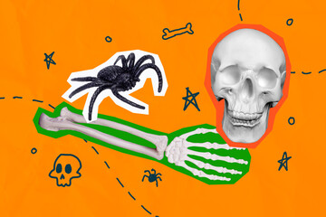 Artwork banner sketch 3d photo collage of skeleton skull hand spider insect toy occult ritual creepy horrible dark night event