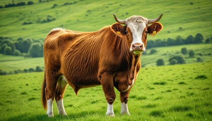 Majestic brown cow standing on lush green grassy hillside, looking directly at viewer