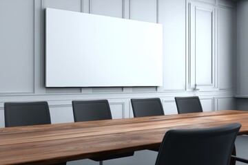 Modern conference room with a wooden table, black chairs, and a large blank whiteboard on the wall