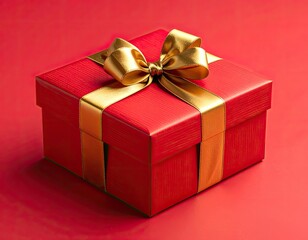 Red gift box with gold bow and ribbon on red background
