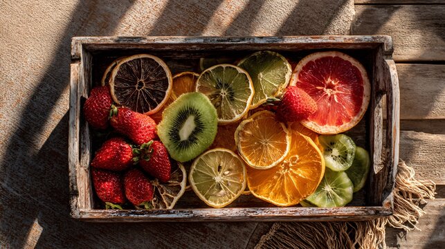 Dried and fresh fruit slices in a wooden tray on a wooden surface.