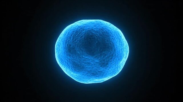 3D animation of single cell in mitosis, smooth camera orbit with glowing membrane on dark scientific background