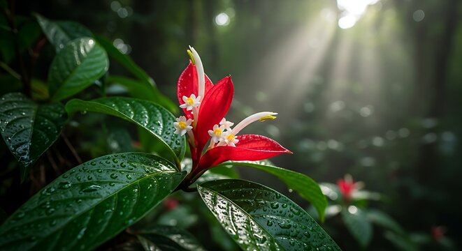 Vibrant red ginger flower in lush tropical forest with sunlight