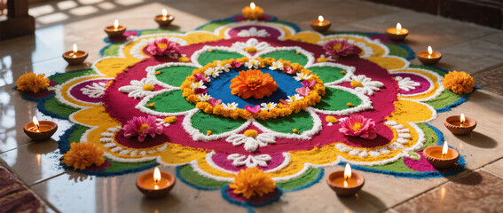 Diwali Flatlay Advertisement Tiled Floor Rangoli Patterns Colored Powders Flower Petals Diyas Natural Light Vibrant Colors Cultural Artistry