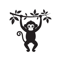 Monkey swinging from branch silhouette vector illustration clipart black color design and solid white background (2).eps