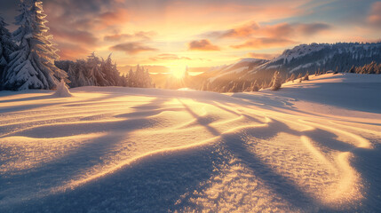 Ultra realistic photo of snowy landscape at sunset,