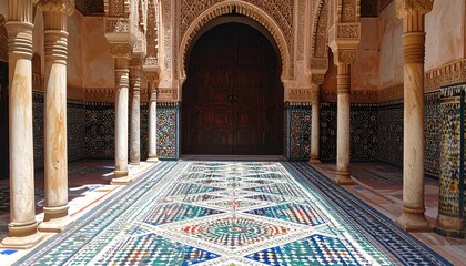 Intricate Moroccan Architecture with Ornate Tiled Floor and Arched Passageway.