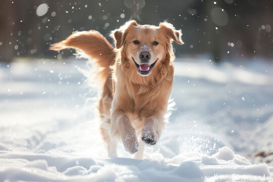 photo of a golden retriever running through snow