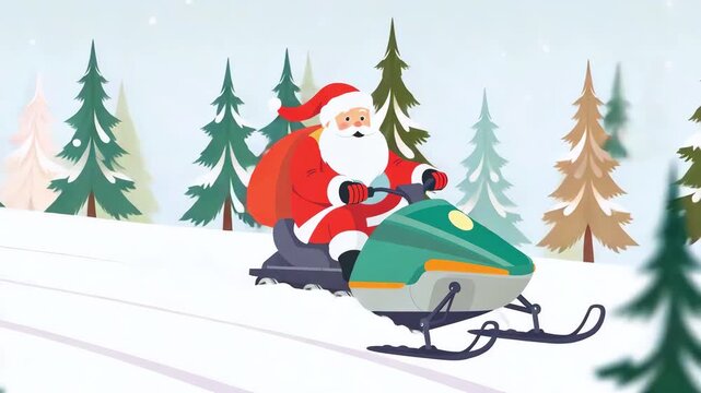 A funny Santa Claus rides a snowmobile along a snowy path in the forest, cartoon, illustration style. Santa is having fun and using modern transport