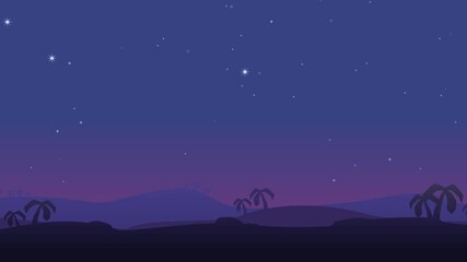Animation with vertical parallax scrolling on a landscape of a nocturnal desert with arrival on the Christmas crib with Mary, Joseph and Jesus and the 3 wise men with the shining star of the shepherd - Powered by Adobe