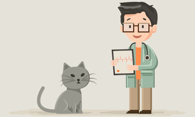A veterinarian in glasses holds a tablet with a cardiogram and a sad gray cat.