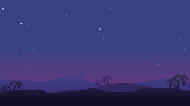 Animation with vertical parallax scrolling on a landscape of a nocturnal desert with arrival on the Christmas crib with Mary, Joseph and Jesus and the 3 wise men with the shining star of the shepherd 
