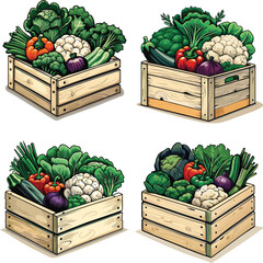 Fresh assorted vegetables in a wooden crate illustration