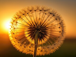 Close-up of dandelion head in golden sunset light