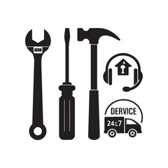 Tools and Service silhouette set black color design and solid white background (1).eps