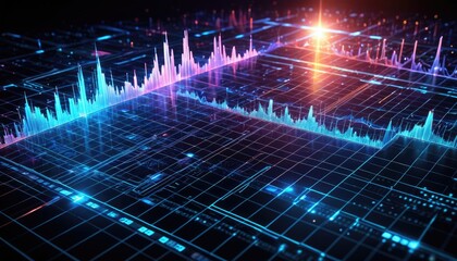 Digital data visualization with neon lines and graphs