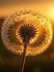 Close-up shot of a dandelion seed head against a golden sunset, sunlight streaming through