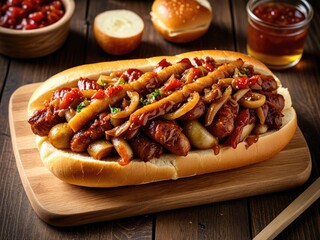 Delicious loaded hot dog with sauteed onions, peppers, and sauce