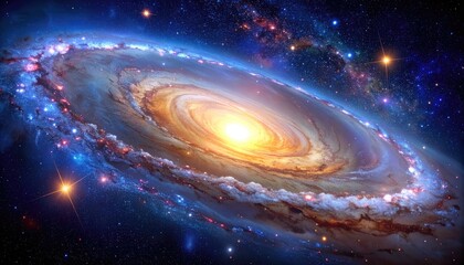 Spiral galaxy core explodes with light, surrounded by clouds and stars