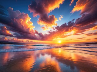 Beach sunset, vibrant clouds, ocean reflections. Golden light. Shoreline panorama