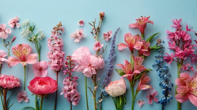 Floral arrangement of various blooming flowers against a light blue backdrop