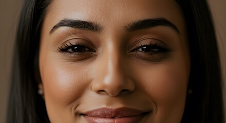 Close up portrait of a smiling woman with dark hair and brown eyes looking at the camera lens