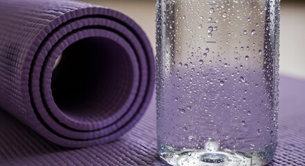 A close up of a purple yoga mat rolled up next to a water bottle covered in condensation droplets
