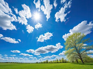 Bright sun shines over a green meadow with fluffy clouds and trees