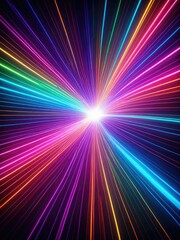 Vivid, colorful light beams radiating from a central point, dark background