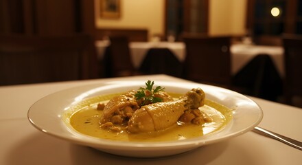 Chicken a la king on a white plate with a parsley garnish in a restaurant setting with dark furniture
