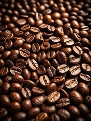 Roasted brown coffee beans, macro shot, textured surface, close-up, morning beverage