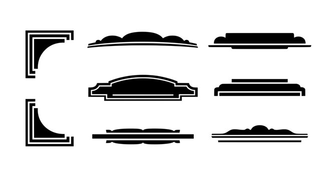 A set of classic black and white vector border elements. Includes corners and various dividers or headers, ideal for creating formal frames and signage.