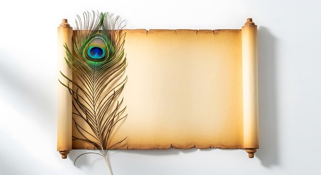 Unrolled Scroll with Peacock Feather on White Background