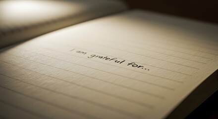 Open notebook with the phrase i am grateful for written on the lined paper in dim lighting conditions