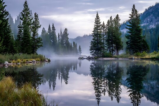 Breathtaking misty lake surrounded by lush forest and majestic mountains creating a serene and tranquil nature scene perfect for travel inspiration - Powered by Adobe