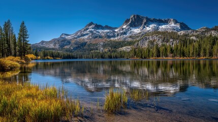 Alpine Morning Panorama of a Glassy Lake Surrounded by Snowcapped Peaks and Dense Forest at Sunrise