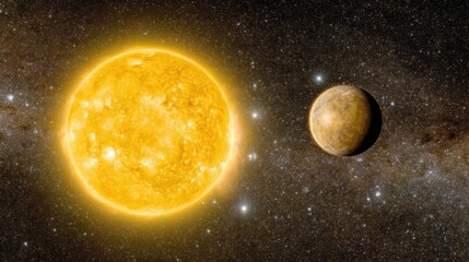 Blazing Yellow Star with a Rocky Planet in Deep Space Sunlit Illumination over a Starry Background