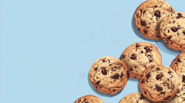 illustration, National Cookie Day, pile of cookies with chocolate, blue background, vintage postcard, horizontal banner, copy space, free space for text