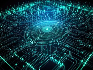 Digital circuit board lit with glowing blue and teal lines, technology concept