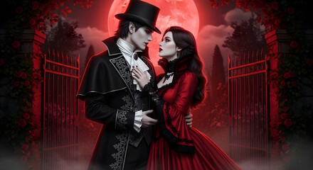 Fototapeta premium Romantic Vintage Couple in Red Atmosphere