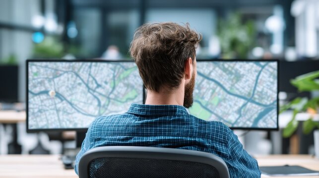 A man sits at a desk viewing digital city maps on dual monitors in a modern, bright office environment