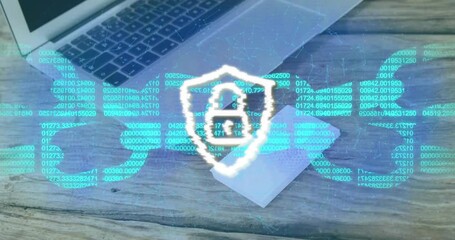 Animation starting with neon code streaming across desk, forming ring, shield padlock securing data - Powered by Adobe