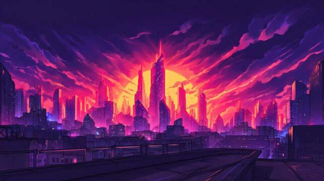 Vibrant Sci-Fi Cityscape with Purple&ndash;Magenta Clouds