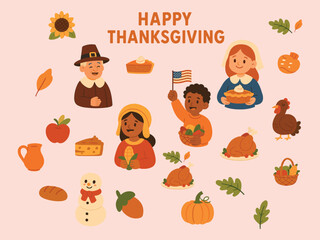 A cheerful flat-style Thanksgiving illustration featuring pilgrims, festive food, harvest elements, and autumn decorations celebrating gratitude and togetherness.