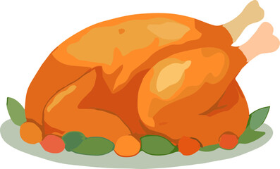 A flat-style illustration of a roasted Thanksgiving turkey on a platter with vegetables, symbolizing celebration, gratitude, and festive meals.