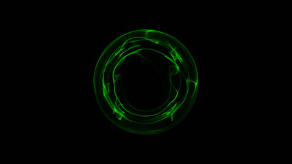 Glowing green particles forming circular energy sphere on dark background.