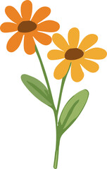 A simple flat-style illustration of two daisy-like flowers with orange and yellow petals and green leaves, symbolizing nature, growth, and positivity.