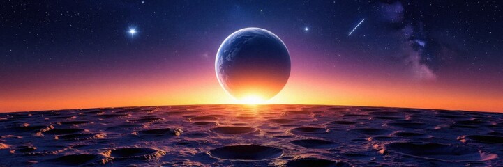 A breathtaking cosmic landscape featuring a distant planet rising above a textured surface, illuminated by an ethereal sunrise in a starry sky.