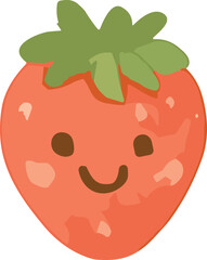 A cute flat-style illustration of a smiling strawberry with green leaves, symbolizing sweetness, freshness, and cheerful summer vibes.